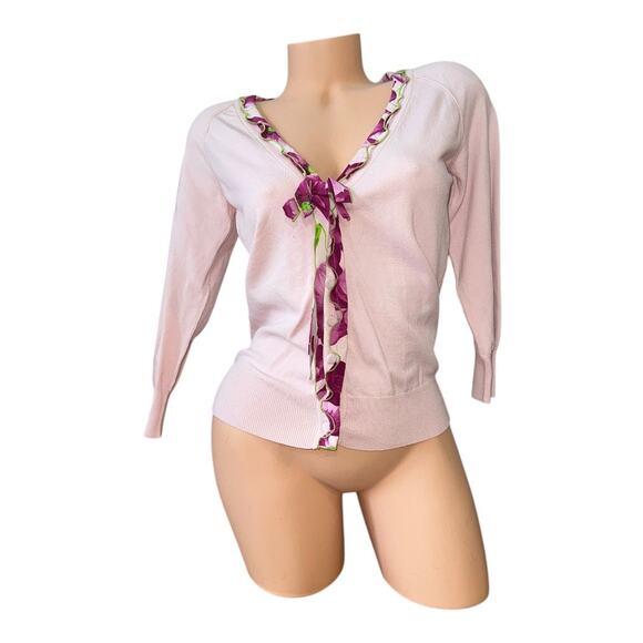 Dolce & Gabbana M pink cardigan 3/4 length sleeves V-neck floral ruffle trim - Picture 4 of 10